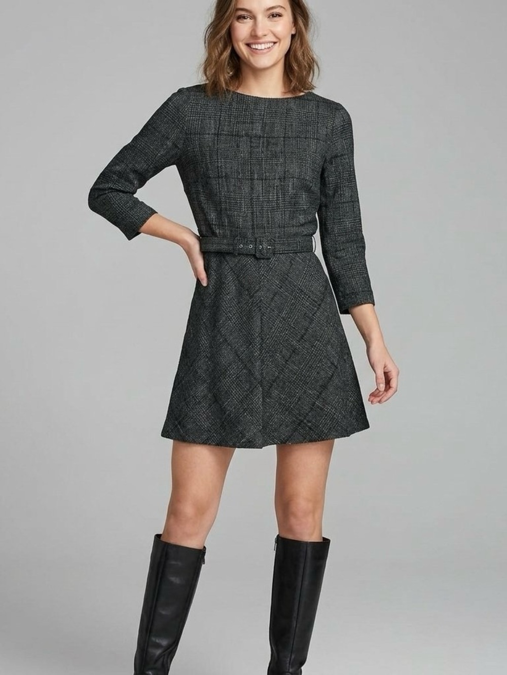 Zara Tweed Belted Fit & Flared 3/4 Sleeve Mini Short Dress, Forest Green, Me